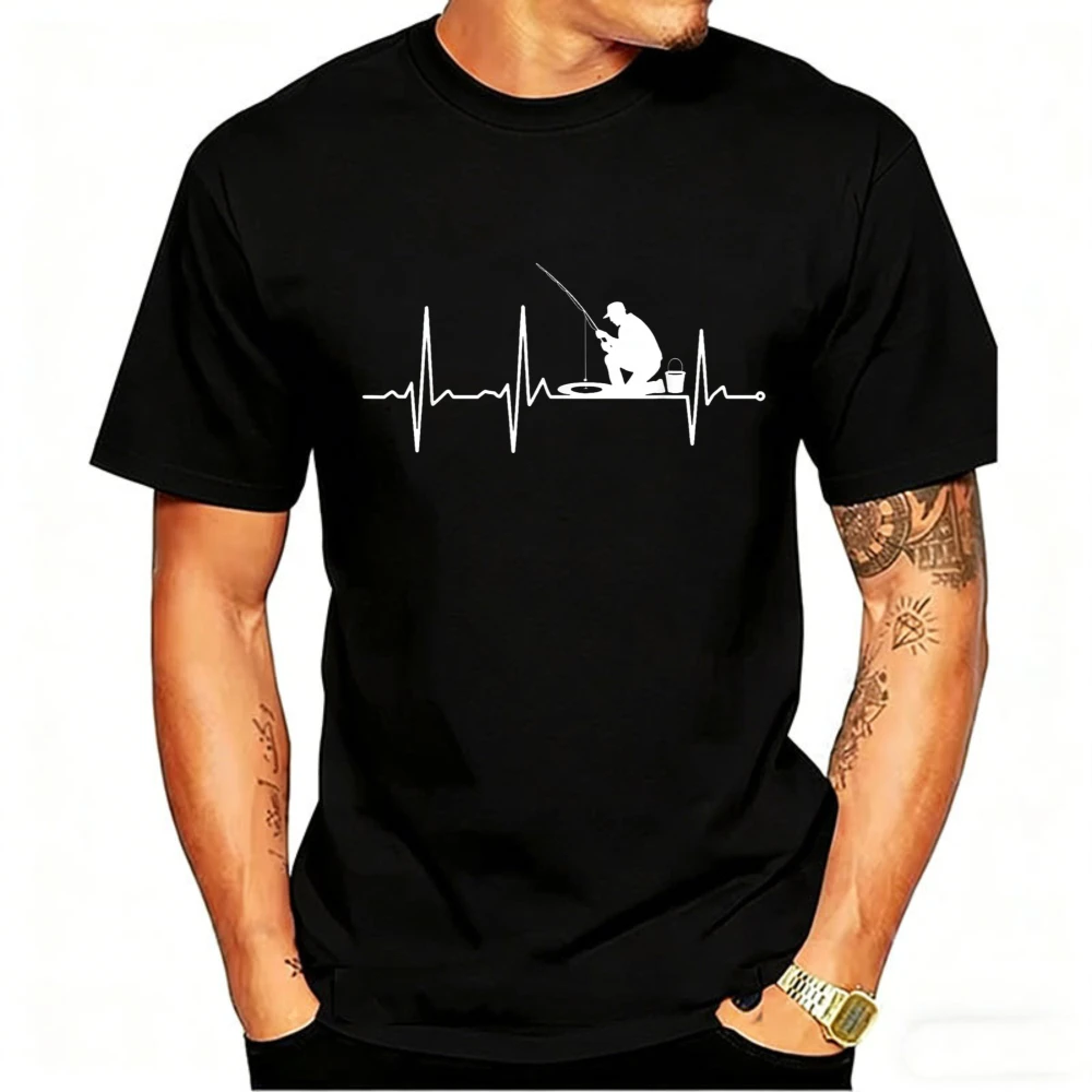 Heartbeat ECG Fishing Silhouette T-Shirt Men Fisherman Graphic Tee Short Sleeve Crew Neck Fish Rod Bucket Funny Gift Cotton Tops