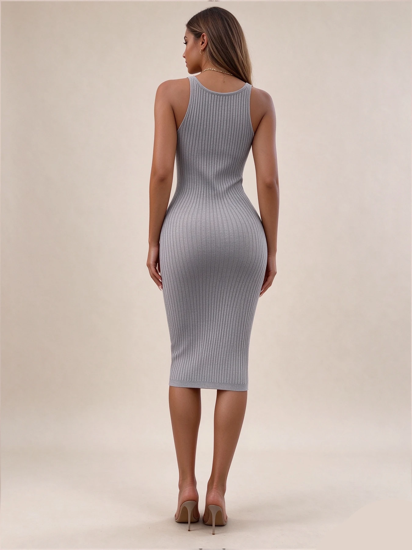 Women V Neck Sleeveless Tank Ribbed Knit Midi Dress Solid Color Slim Fit Bodycon Pencil Dress Casual Party Ladies Vestidos