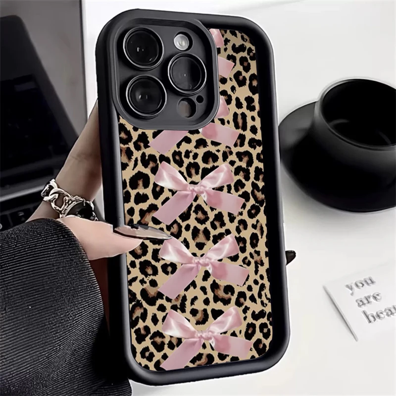 Leopard Print Pink Bow Phone Case For Samsung Galaxy S25 S24 S23 S22 S21 Ultra FE Plus A53 A35 A34 A33 A25 A24 A16 Soft Cover