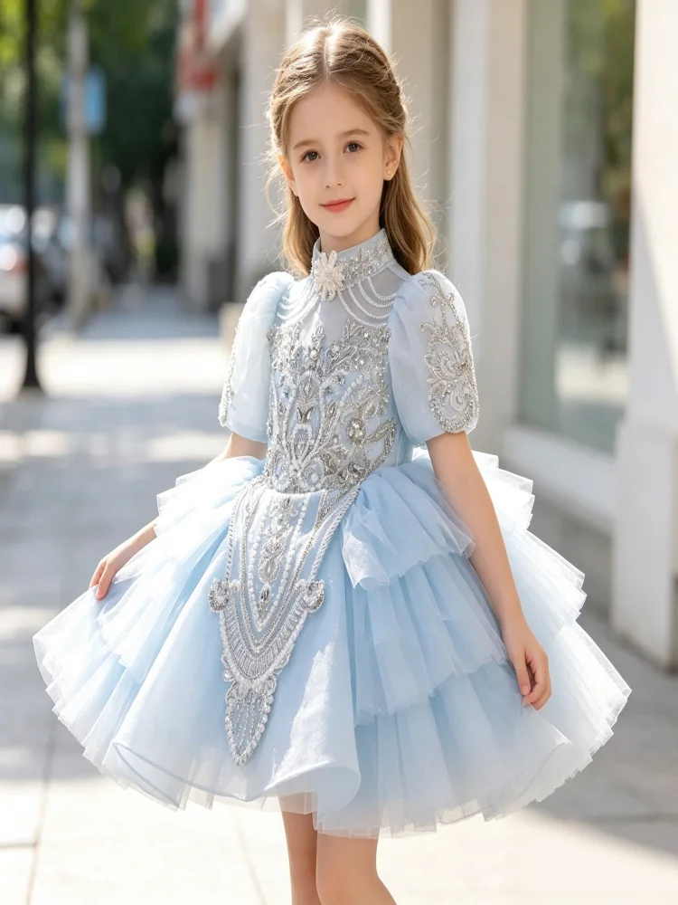 Custom Light Luxury Dress Women Wedding Guest Gown Girls Wedding Gown Birthday Party Pageant Runway High Neck Puff Sleeve Rhines