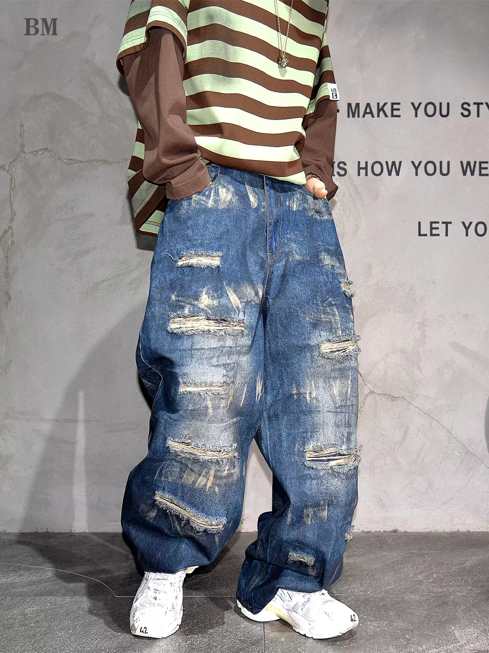 Mens American Hip Hop Ripped Baggy Wide Leg Straight Jeans Blue Washed Distressed Stacked Streetwear Trendy Denim Pants Male