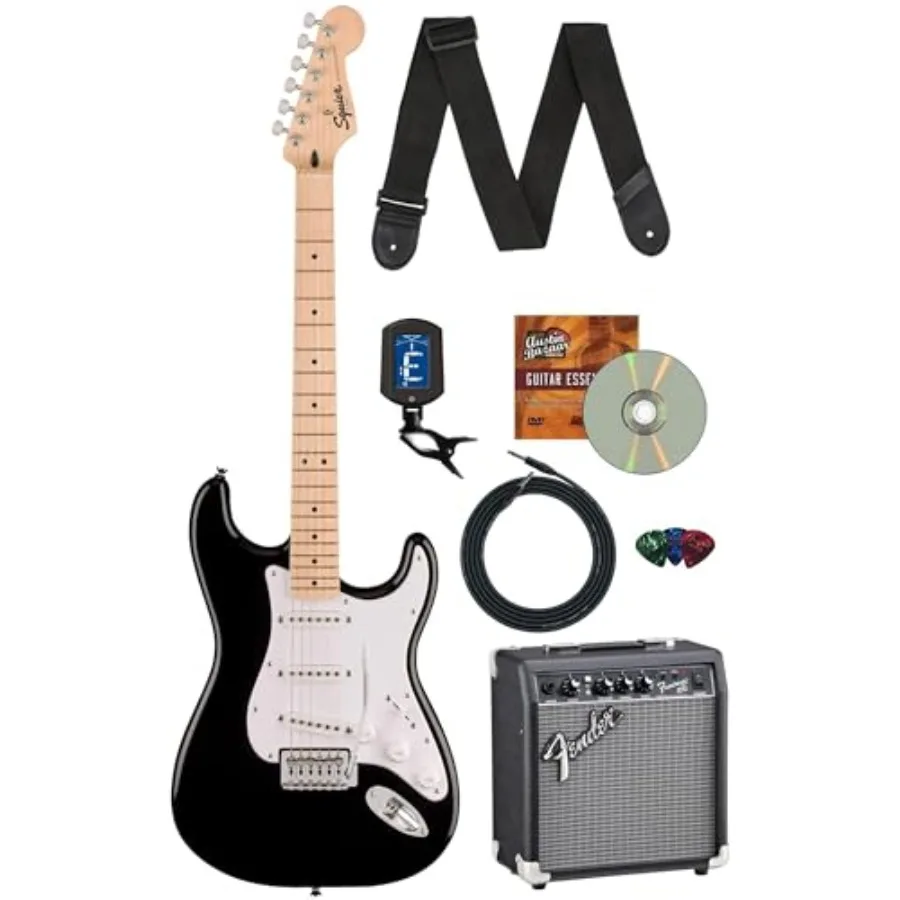 

Squier Sonic Stratocaster for beginners, alder body with maple neck, black finish, includes Frontman 10G amp, cable, tuner, str