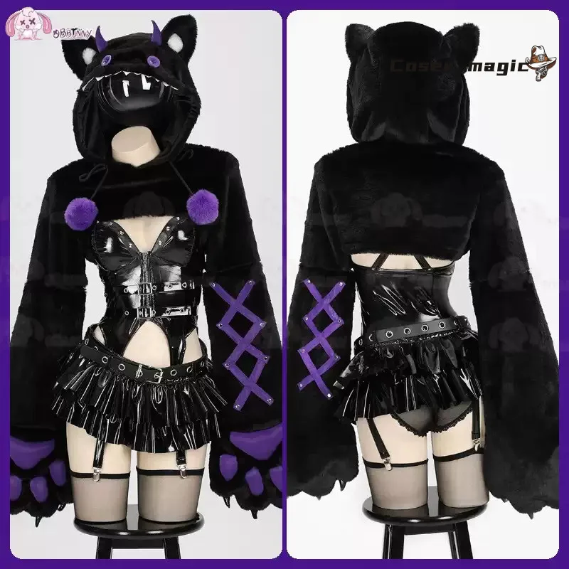

Demon Button Cat Cosplay - Kawaii Paw PU Leather Y2K Subculture Outfit in Black