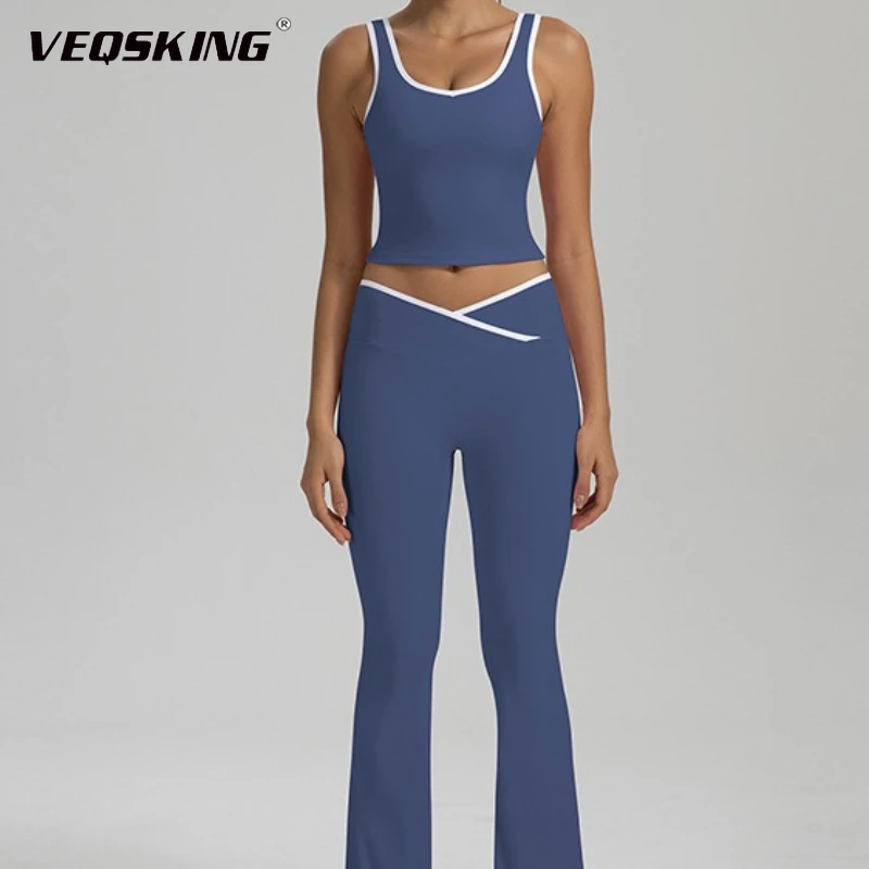 

Женский комплект штанов для йоги. Новые слегка расклешенные широкие брюки с высокой талией + быстросохнущий топ с закругленными краями. Комплект для занятий спортом и отдыха.