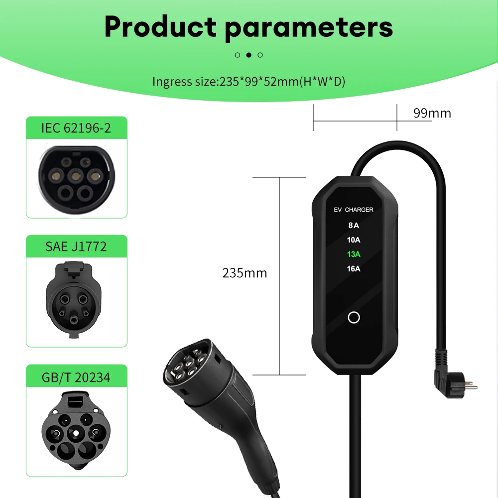 JNTIMUYA Portable EV Charger Type2 IEC62196-2 16A EVSE GBT EU Plug Charging Cable Controller Wallbox for Electric vehicles 3.5KW