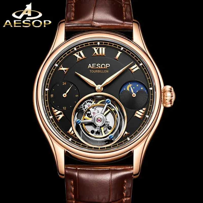 AESOP Off-Axis Tourbillon Skeleton Mechanical Watch For Men Luxury Brand Famous Moonphase Multi Function Waterproof Watches 2022