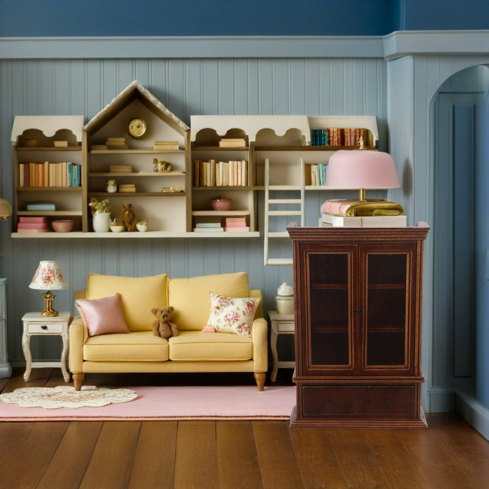 خزانة خشبية مصغرة بمقياس 1:12، لمسة نهائية من الكستناء، خزانة جانبية عتيقة، أثاث تخزين لغرفة المعيشة لإكسسوارات بيت الدمى