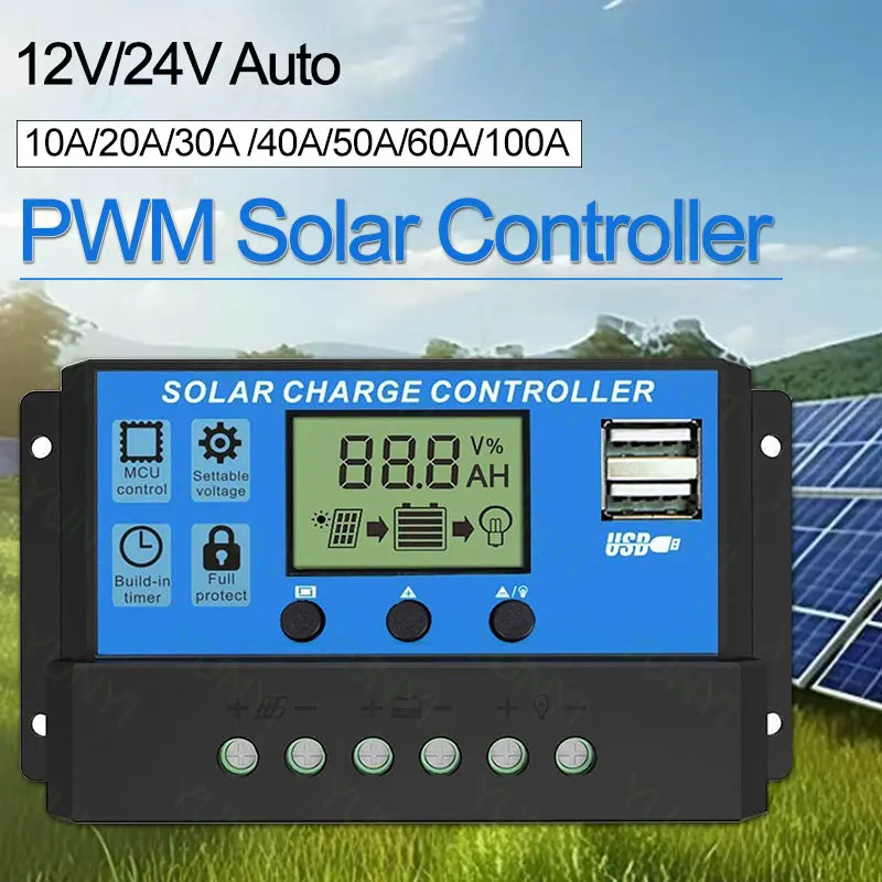 

PWM Solar Charge and Discharge Controller 10/20/30/60/100A LCD Dual USB 5V Output Photovoltaic Solar Panel PV Regulator Load