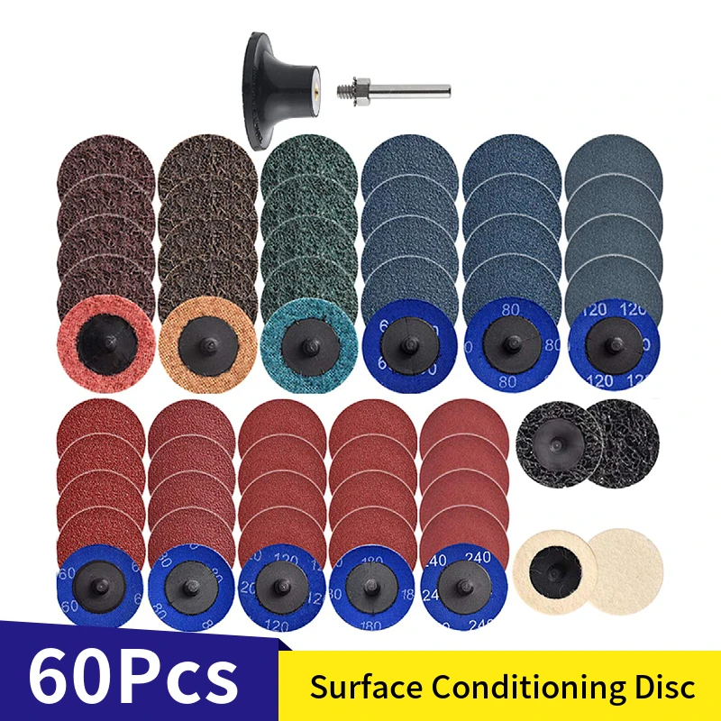 

60Pcs 2 Inch Roll Lock Quick Change Sanding Discs Set with 1/4" Holders Die Grinder Surface Conditioning Burr Rust Paint Removal