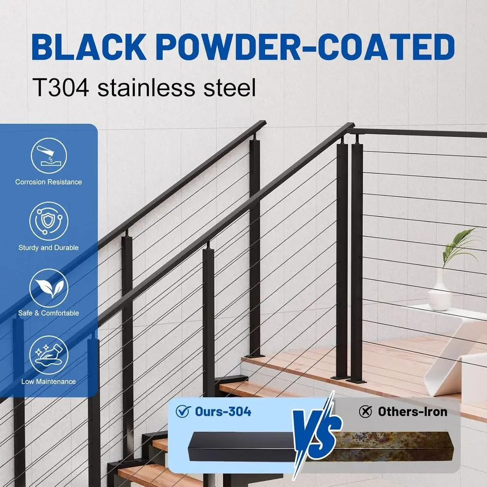 Stainless Steel Handrail for Deck Stair Cable Railing System, Cuttable Rectangular Rail, Indoor Outdoor Use