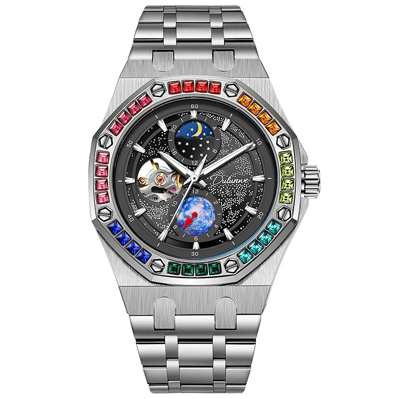 Rainbow Gemstone Bezel Automatic Mechanical Watch for Men Stainless Steel Case Luxury Fashion Style 30M Waterproof Mens Gifts