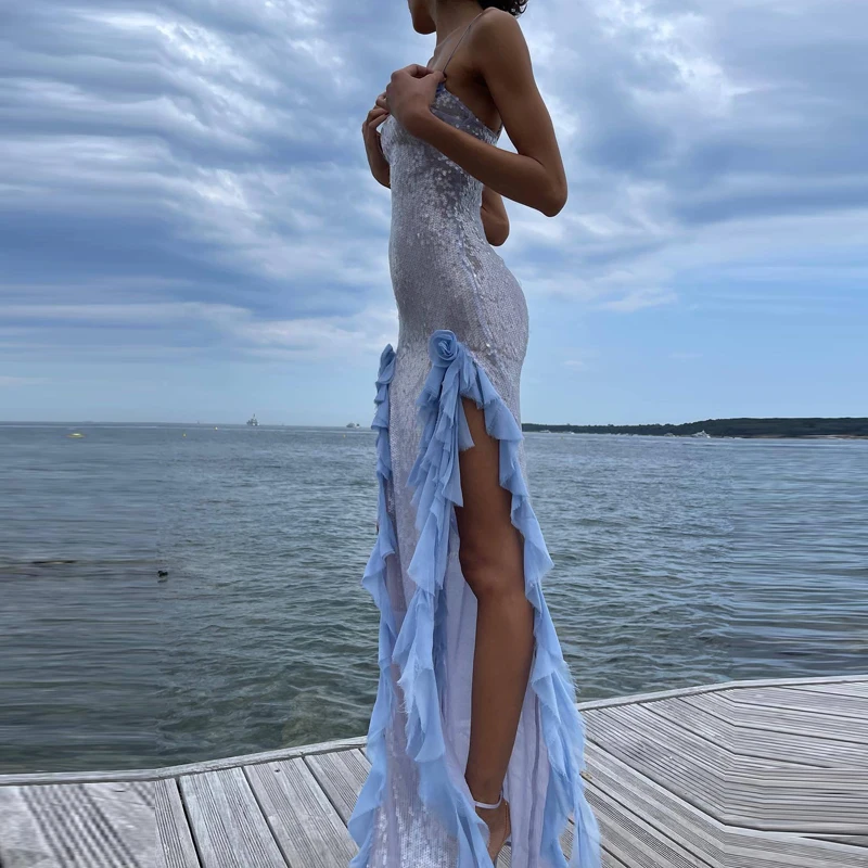 2025 여름 새로운 입체 꽃 서스펜더 드레스 세련된 스팽글 관점 비치 커버 업 드레스 섹시한 여성 프릴 스플릿 드레스