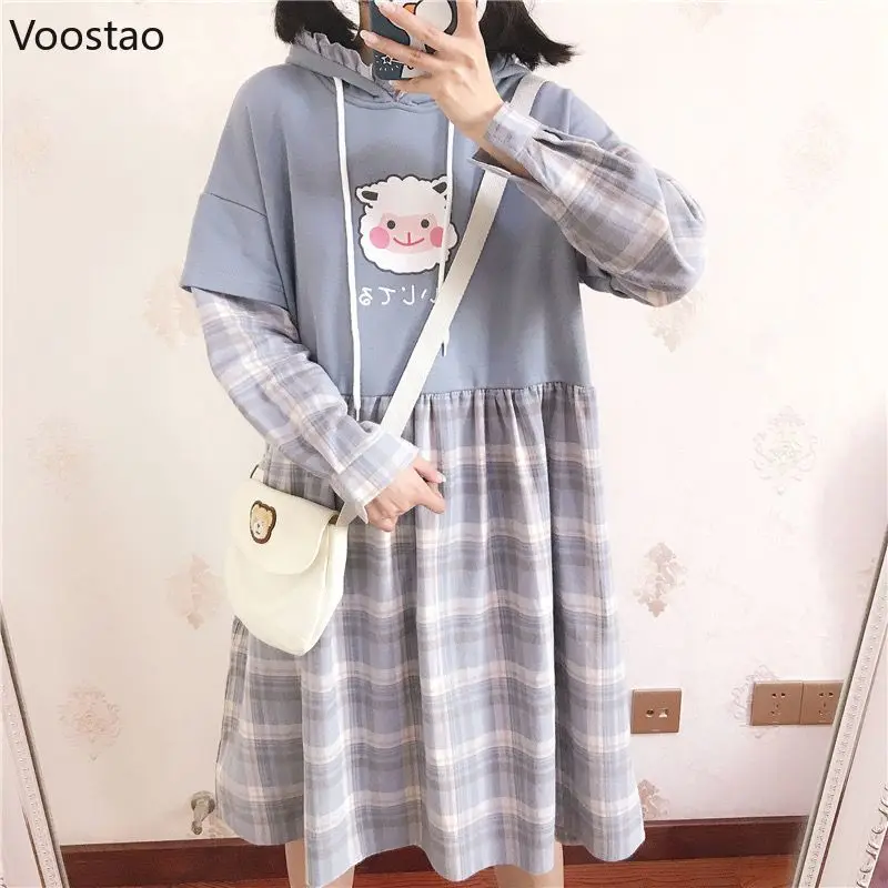 Japanese Kawaii Lolita Style Dress Women Sweet Plaid Patchwork Ruffles Loose Dresses Korean Fashion Cartoon Sheep Print Dress