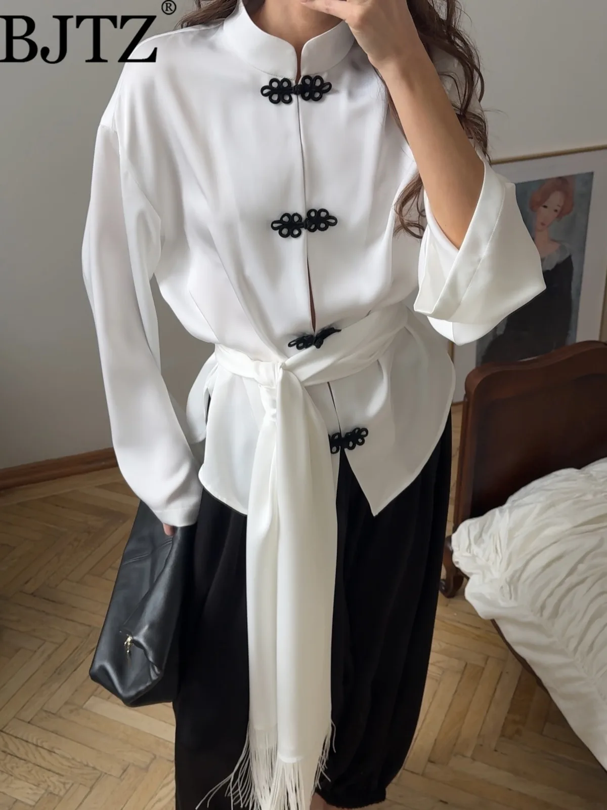

Женская рубашка BJTZ из чистого белого шелкового атласа с воротником-стойкой и пуговицами, повседневная и деловая, летняя коллекция 2026, новая женская куртка-пиджак