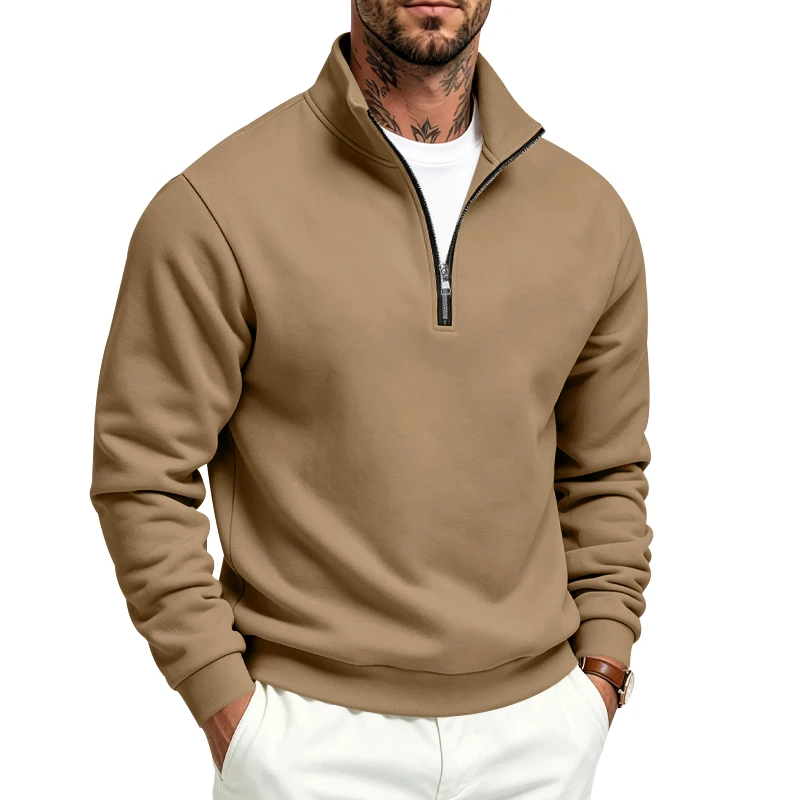 Herren-Sweatshirt mit Fleecefutter für Herbst und Winter, Stehkragen, halber Reißverschluss, langärmelig, einfarbig, warme Freizeitjacke – Detail 11