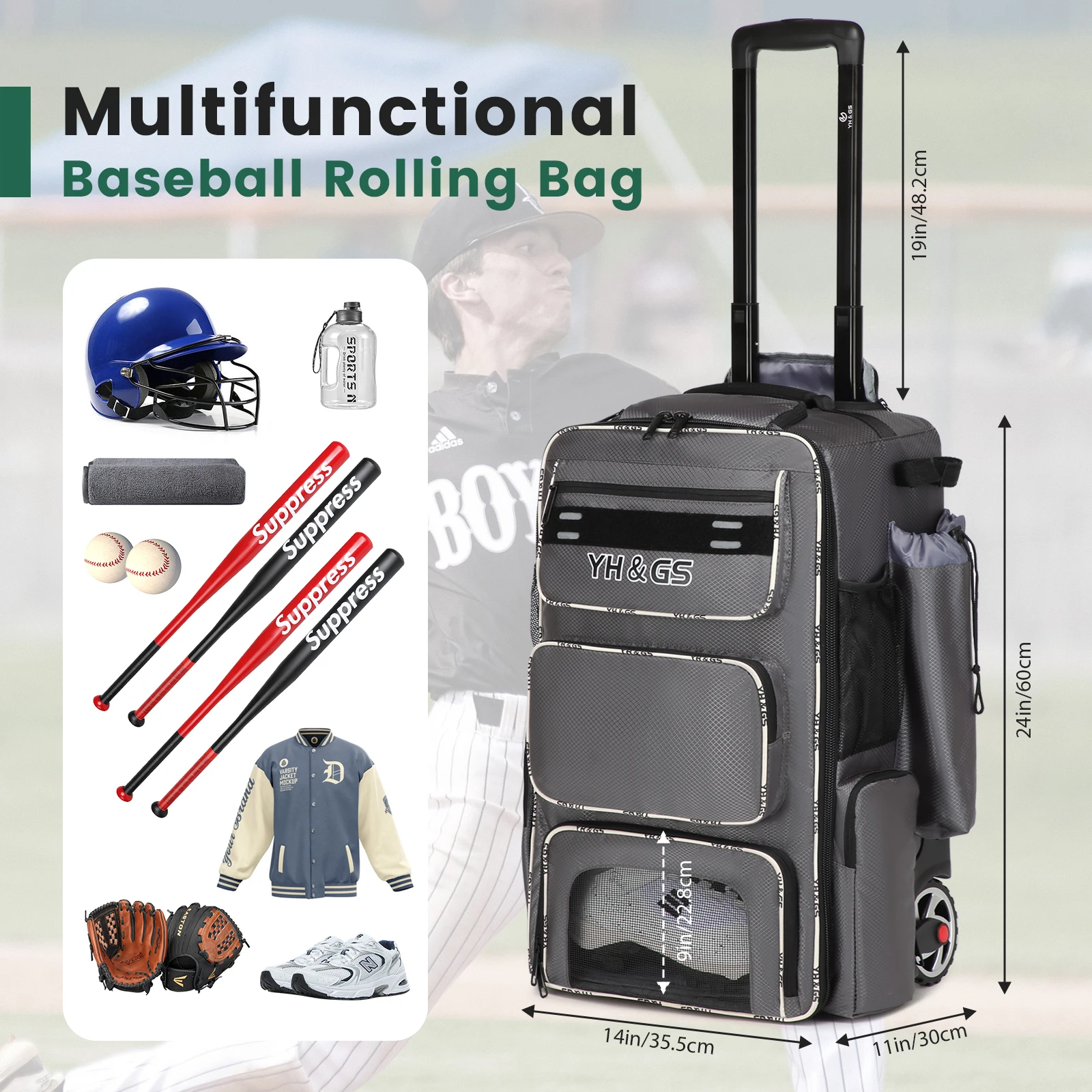 Rolling Baseball Bag Wheeled Softball Bag with Fence Hook for TBall Bat Equipment Lightweight Baseball Bat with Shoe Compartment
