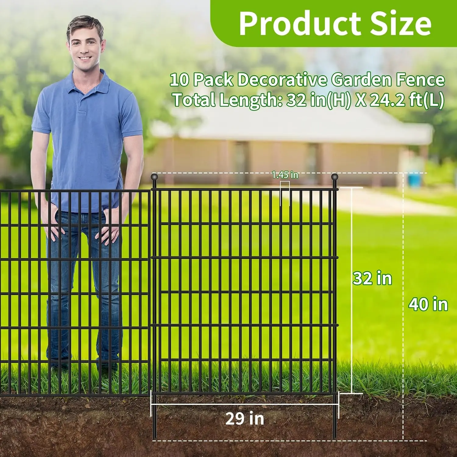10 Panels No Dig Garden Fence, 32 in(H) X24.2 ft(L) Metal Fence Panels, Thickened Rustproof Garden Fencing, Animal Barrier