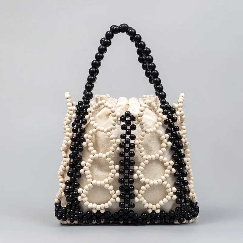 

Summer Holiday Handbag Hollow Out Design Boho Wooden Beads Bag Collision Color Hand Woven Tote Bag Large Capacity Beach Bags
