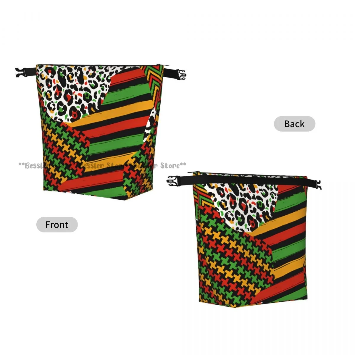 Roll Top Insulated Lunch Bag Kwanzaa Patch Pattern Leopard Print Thermal Food Storage Bag Portable Bento Handbag for Daily Use