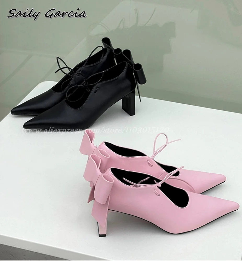 Solid Mary Jane Back Butterfly Knot Shallow Grace Pumps Lolita All-Match Mid Heel Sweet Dress Pumps Pointed Toe Sexy Casual Shoe