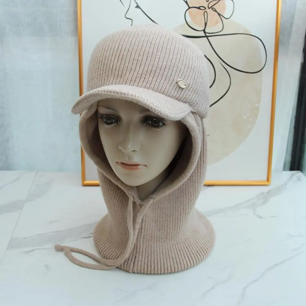 Fashion Elastic Knit Balaclava Set Ribbed Texture Open-top Hat Knit Beanie Hat Windproof Baseball Cap Hooded Scarf Women Girls