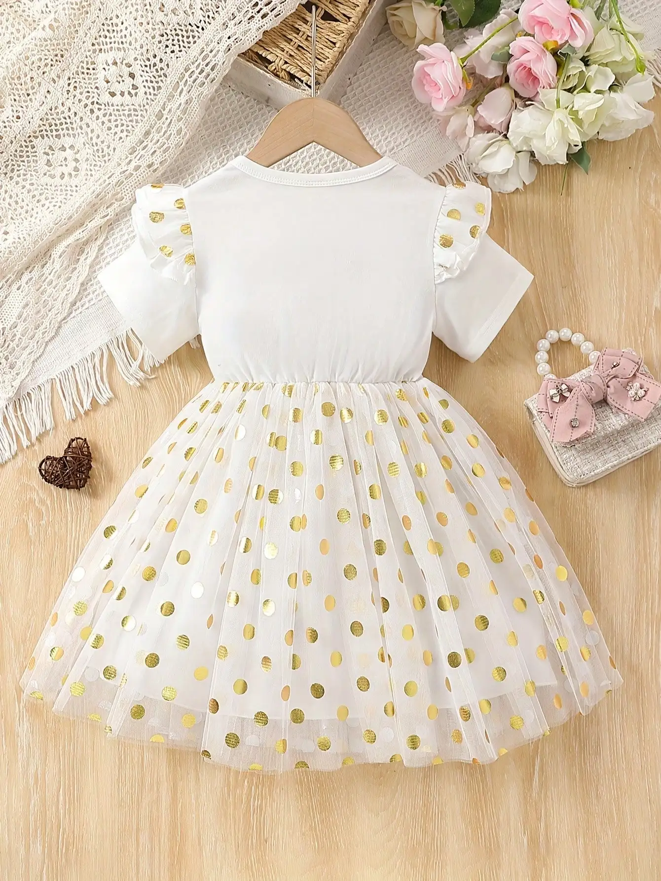 Children's round neck letter printed lotus leaf sleeves short sleeves polka dot bow mesh skirt long skirt dress