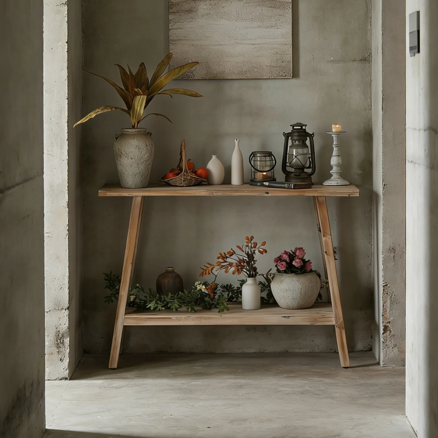 Vintage solid wood entryway counter, wabi-sabi style double-layer storage , vintage style guesthouse decoration, entryway table