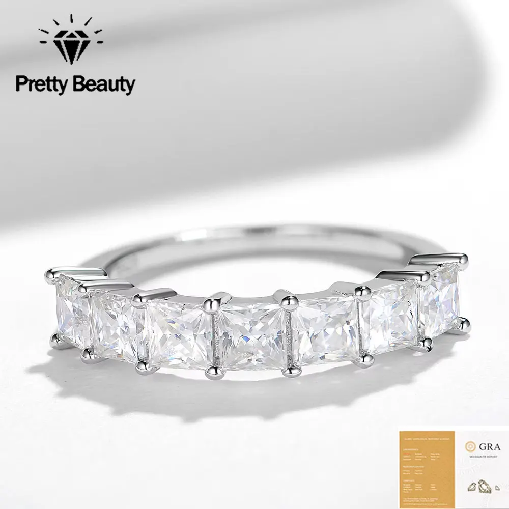Pretty Beauty Moissanite Wedding Band for Women 925 Silver Half Eternity 7Pcs Princess Cut Diamond Ring Anniversary Jewelry Gift
