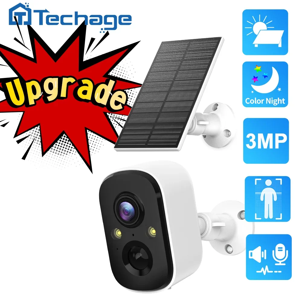 Techage 3MP Wireless Solar Battery IP Camera Security Protection WiFi PIR Camera Support Alexa 2-Way Audio Human Detect