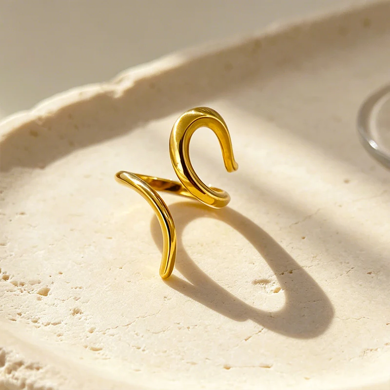 Glossy Non Tarnish 18K Gold Plated Stainless Steel Adjustable Rings Female Irregular Waterproof Open Finger Jewelry Bague Femme