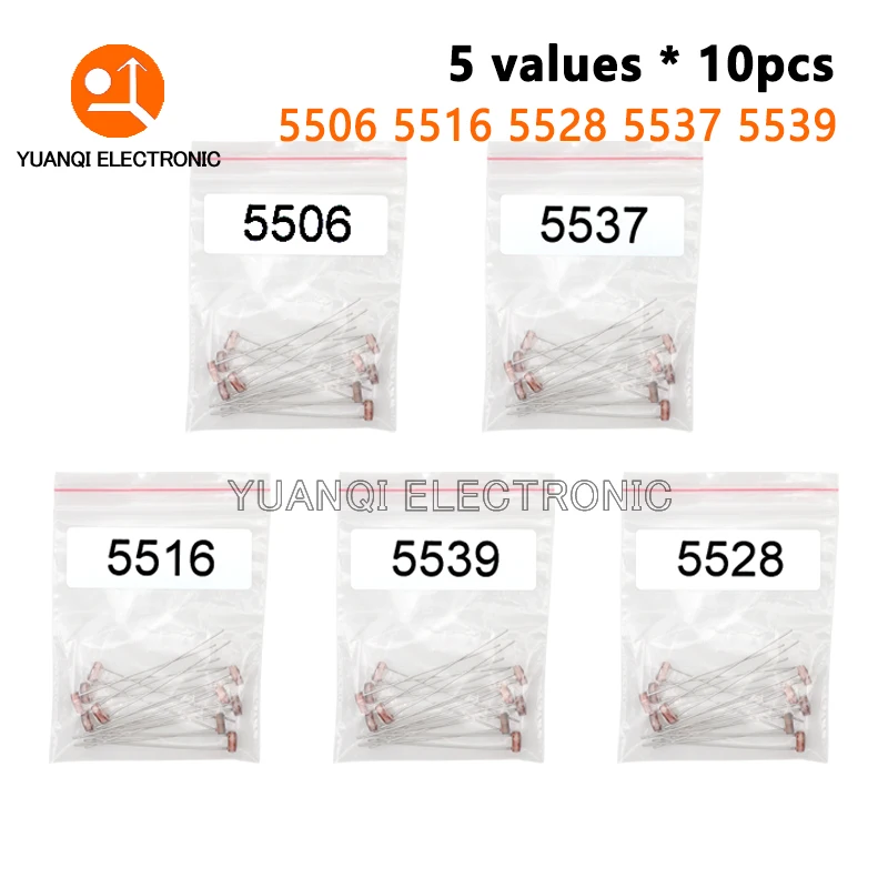 

50pcs 5valuesX10pcs LDR Photoresistor diy kit for GL5506 GL5516 GL5528 GL5537 GL5539
