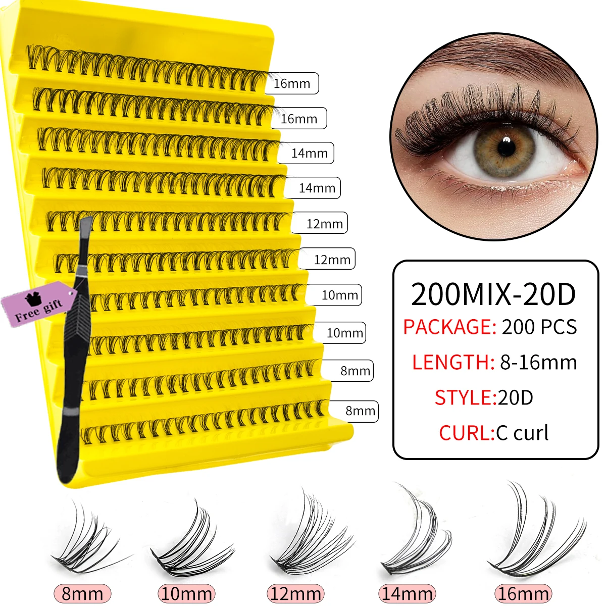 DIY 속눈썹 클러스터 키트 Tweezres 개별 속눈썹 자연스러운 룩 C 컬 푹신한 날개 달린 속눈썹 가짜 속눈썹 연장 미용 도구