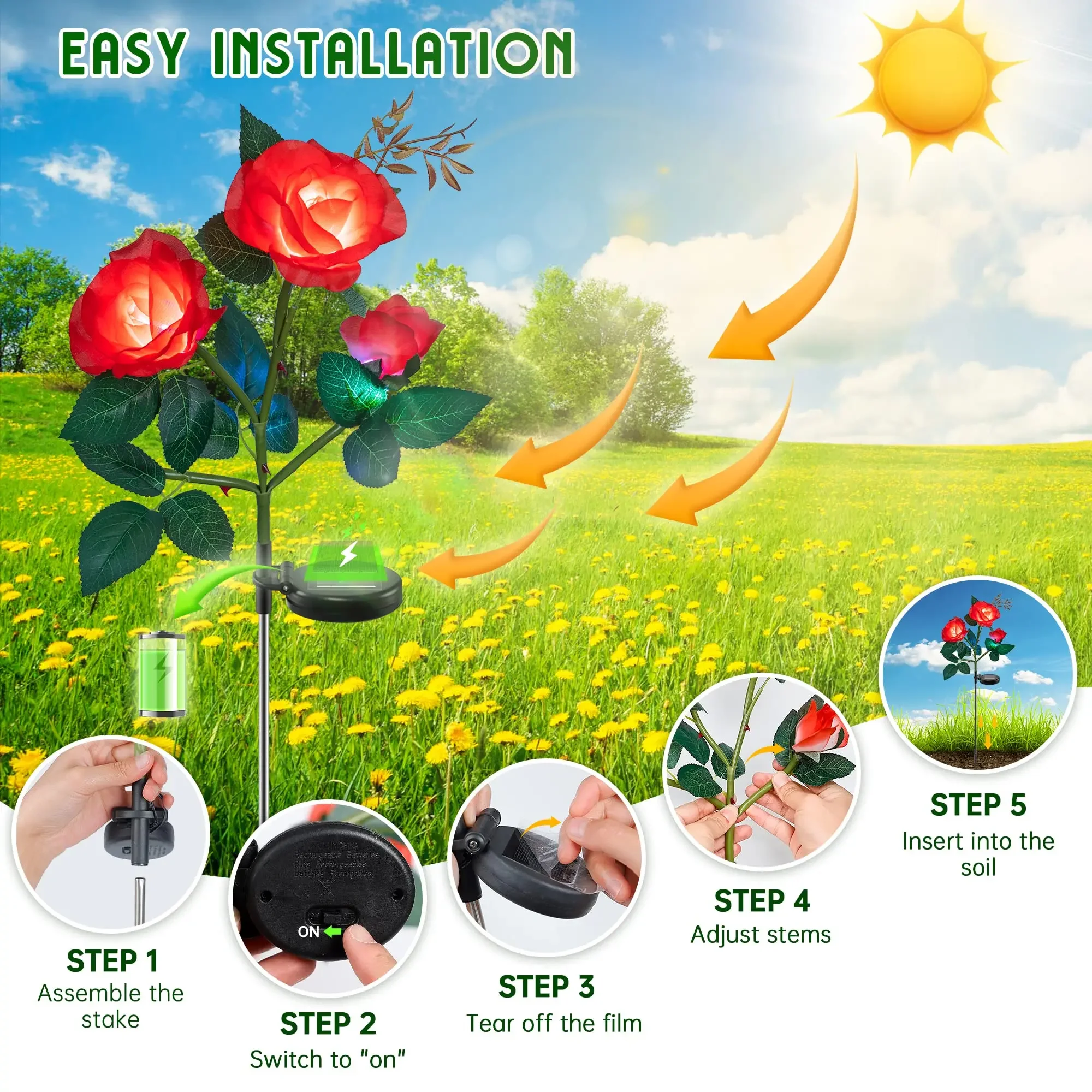 2/1Pcs Solar Rose Lights IP65 Waterproof Garden Lights LED Romantic Landscape Lights with 3 Rose Flowers for Patio/Yard/Lawn