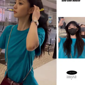 Tianxuwe Peacock Blueshort Sleeve 티셔츠 여성 2024 뉴 여름 단순 슬리밍 한국어 버전 루즈 피트 탑 여성 