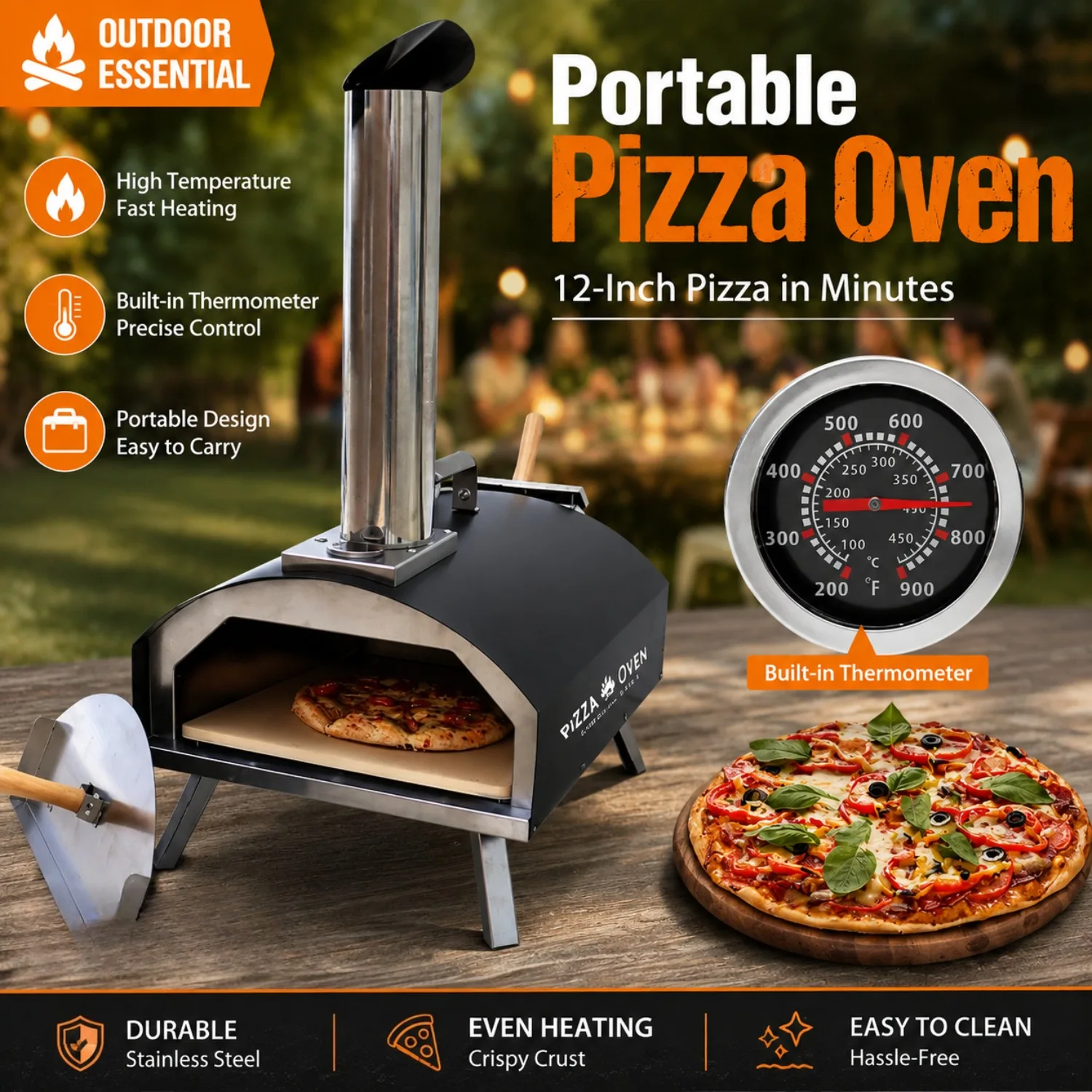 12 Inch Portable Outdoor Wood Pellet Pizza Oven Woodfired Stonebaked Stainless Pizza Maker Cooker for Outdoor Party