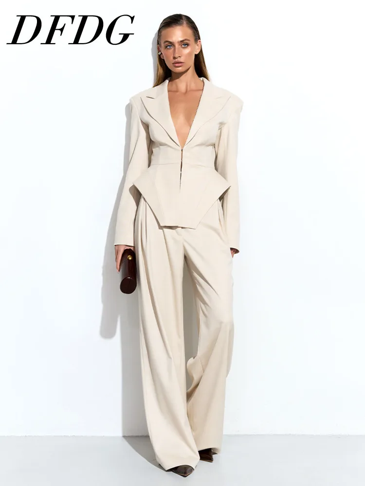 

DFDG Women 2026 Spring Two Piece Outfit Deep V Neck Tailored Blazer Peplum Hem High Waist Wide Leg Pants Set Elegant Office Set