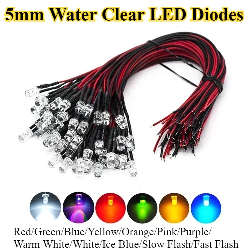 50Pcs 3V 5V 12V 24V DC 5mm Water Clear LED Diodes Red/Green/Blue/Yellow/Orange/Pink/Purple/Warm White/White/RGB Pre-Wired 20cm