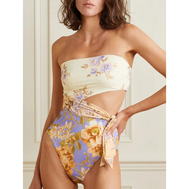 One Piece Swimsuit For Women Europe America One-piece Swimsuit Waist Hollow Strap Flower Print Swimsuit Set