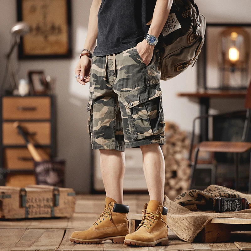 Summer slim American cargo shorts retro army green straight mid-length pants May khaki quarter pants