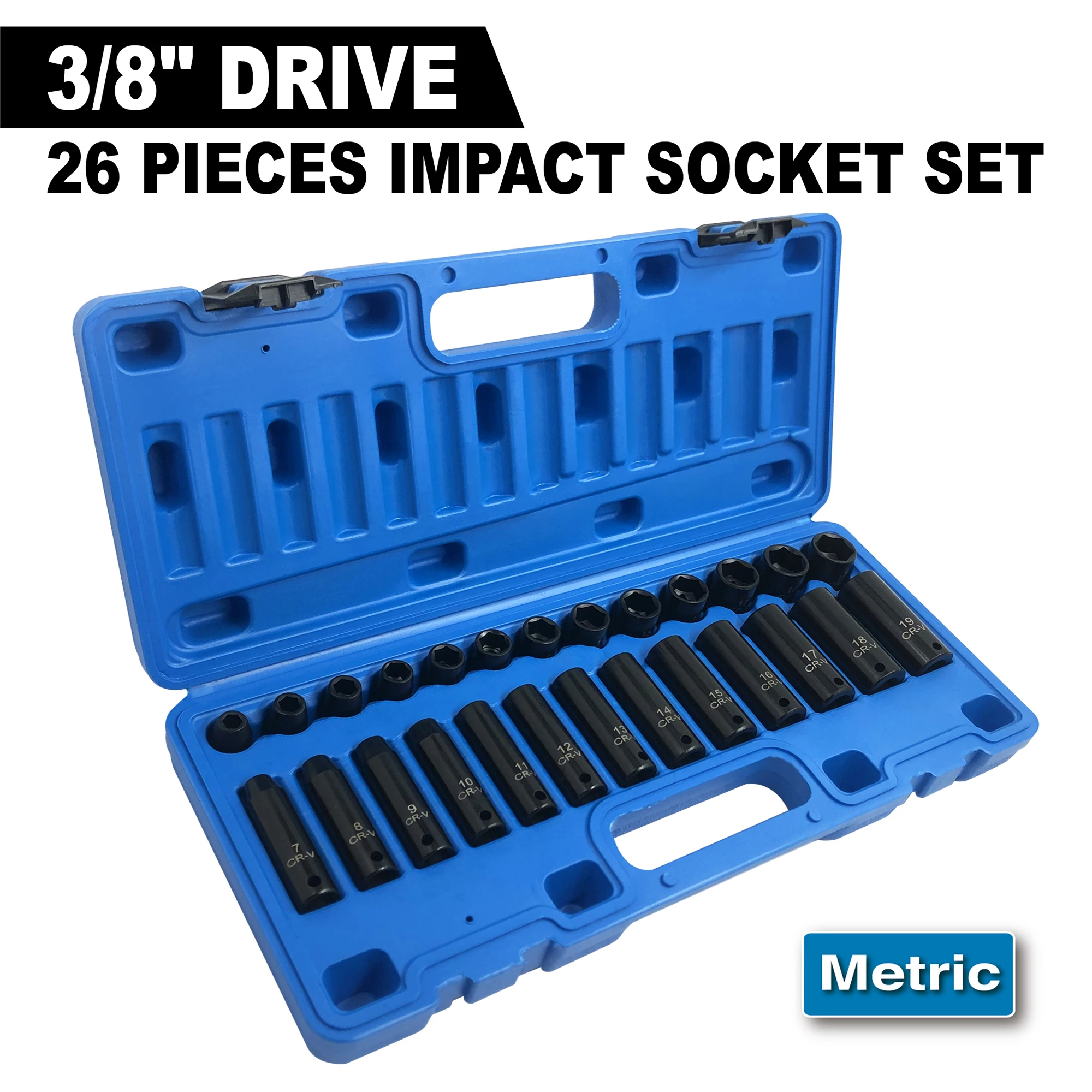 26 Buah Set Soket Impact 3/8 "Soket Dalam & Standar, Metrik 7Mm To19mm, 6 Titik, Perkakas Tangan Multi Fungsi Baja Cr-V