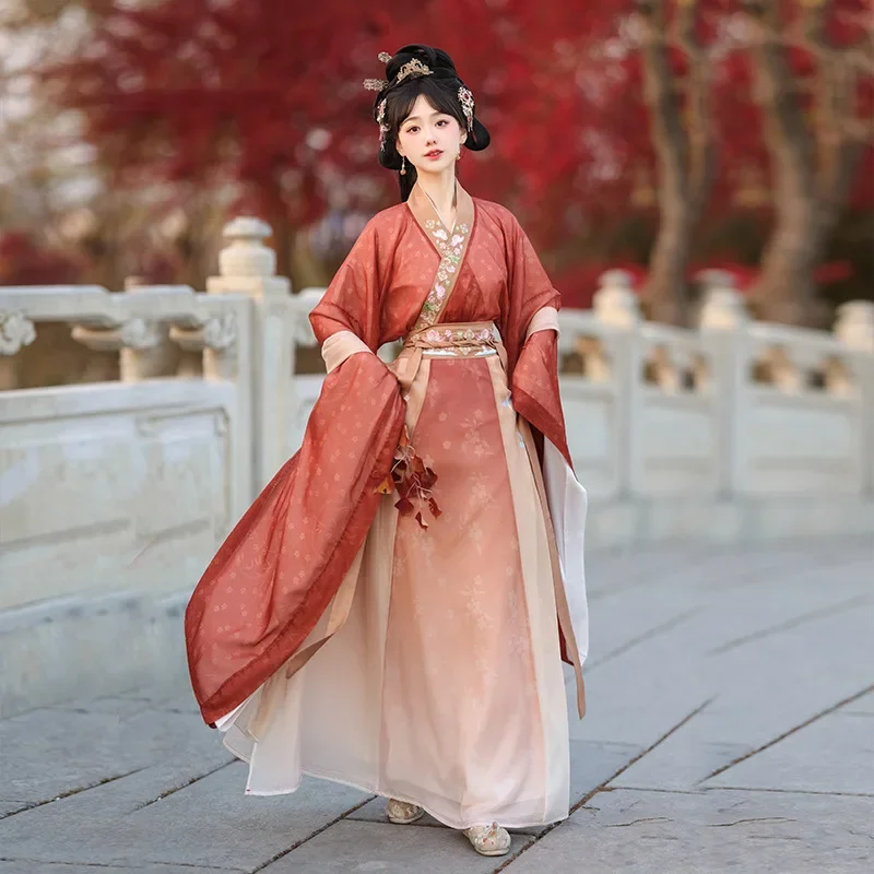 

ZH07 Hanfu Women's 2024 New Taoxixi Improved Wei Jin Qi Waist Cross Neck Wide Sleeve Robe Dress Ancient Costume