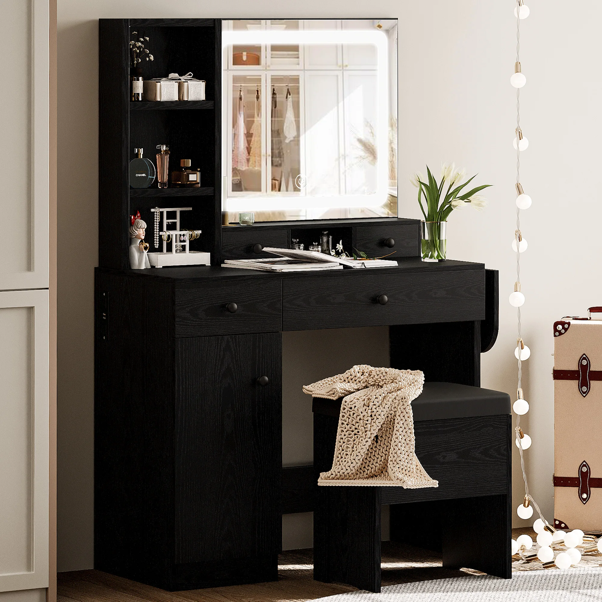 LIKIMIO Vanity Desk with Drawers & LED Lighted Mirror & Power Outlet & Cabinet, Storage Stool，Black