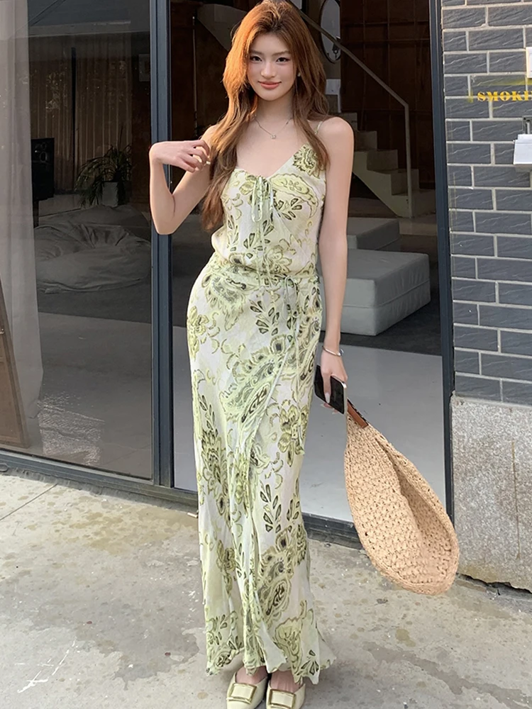 Abito lungo sexy da donna verde floreale chic con fiocco 2025 Nuovo elegante abito da vacanza casual estivo coreano aderente abiti da festival