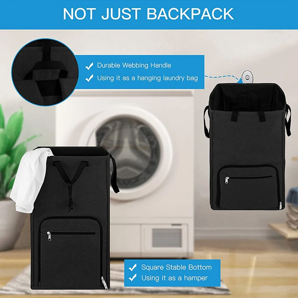 Large Laundry Backpack College, Camp Travel, Heavy Duty Laundry Bag Hamper - Stand Itself & Easy Storage Black