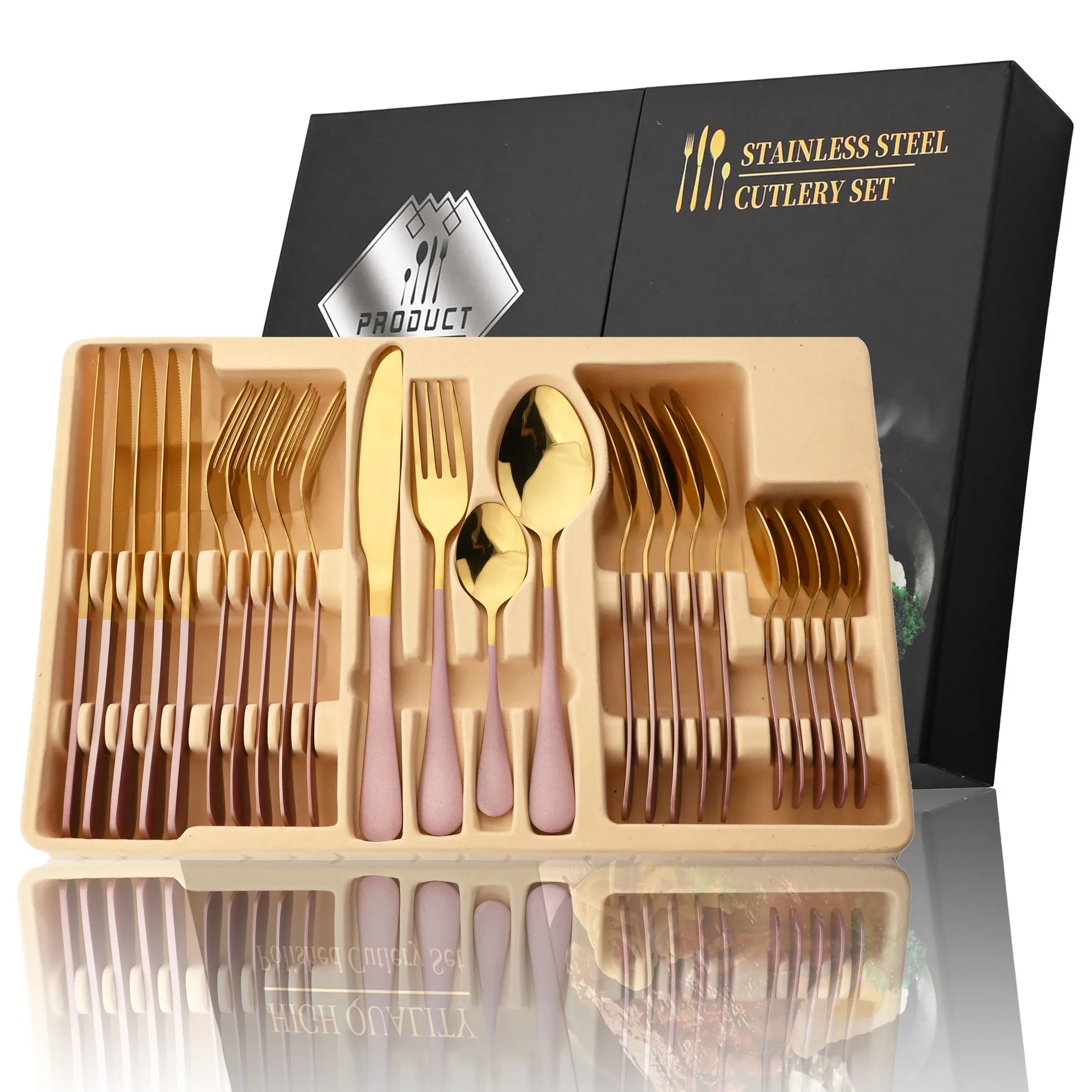 

24Pcs Pink Gold Cutlery Set Stainless Steel Dinnerware Knife Fork Spoon Tableware Set Western Silverware Festival Flatware Gift