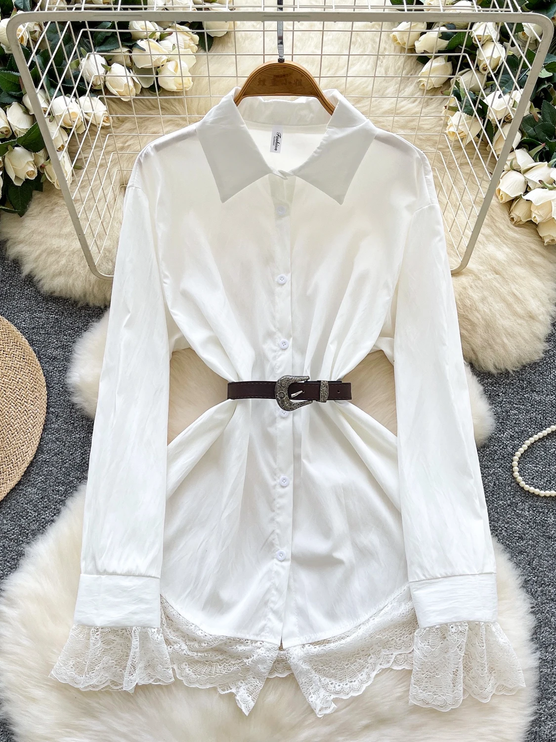 韓国風カジュアルレーススプライスベルト付きロングスカート、女性用ルーズフィット包帯ウエストスカート、ファッショナブルで通気性のある