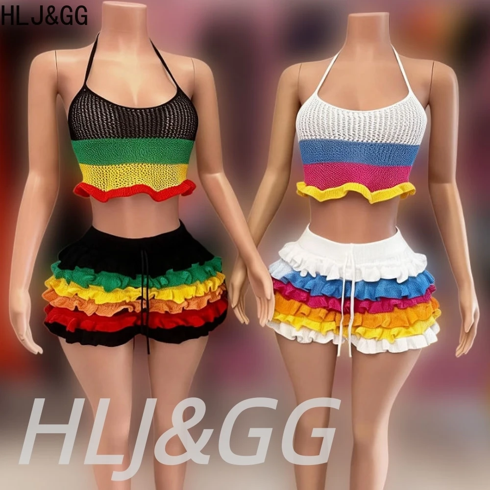 HLJ&GG Spring New Striped Rainbow Knit Two Piece Sets Women Spaghetti Strap Crop Top + Ruffle Shorts Outfits Fashion Streetwear