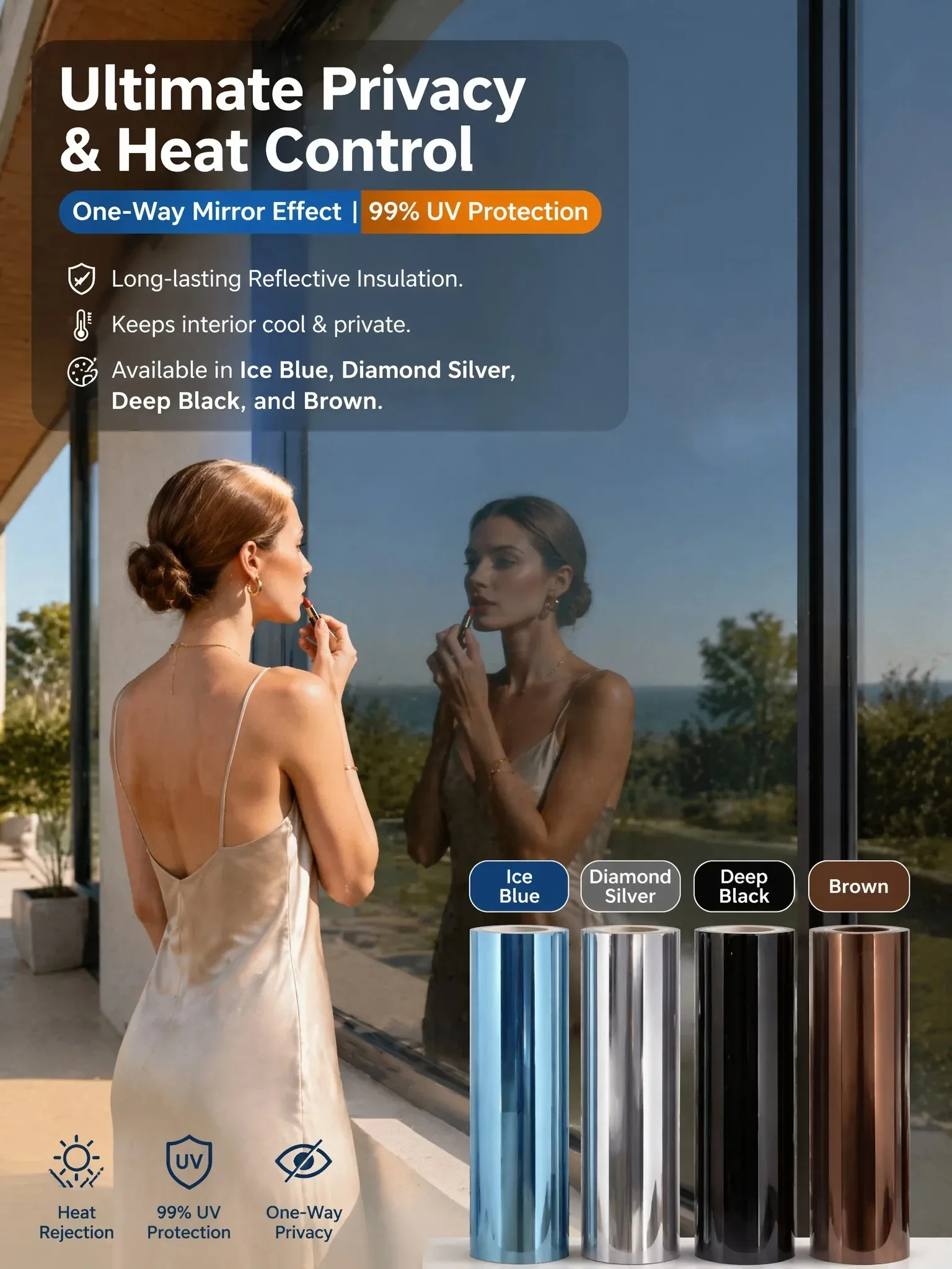 One Way Daytime Privacy Window Film Heat Control Anti UV Non-Adhesive Reflective Window Tint Black Silver for Home Glass Door