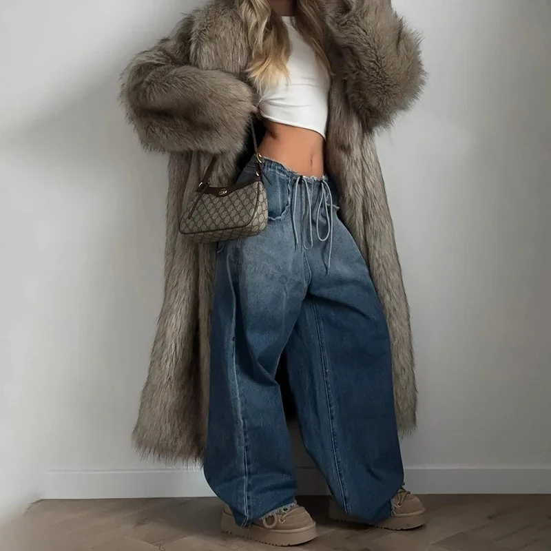 

Y2k Long Faux Fur Coat Women Autumn Winter Large Jacket Overcoat Turn Down Collar Pockets Thick Coat Warm Jackets Maxi Coats