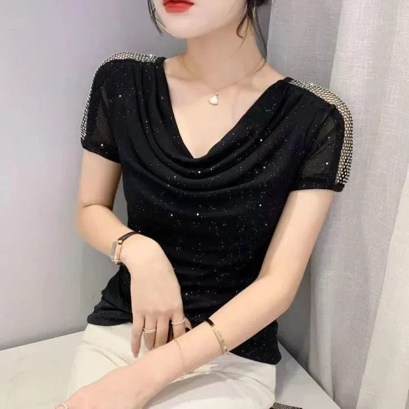 Temperament Net Yarn T Shirts Summer New Short Sleeve Solid Color Patchwork Slim Office Tops Tees Fashion Elegant Women Clothing